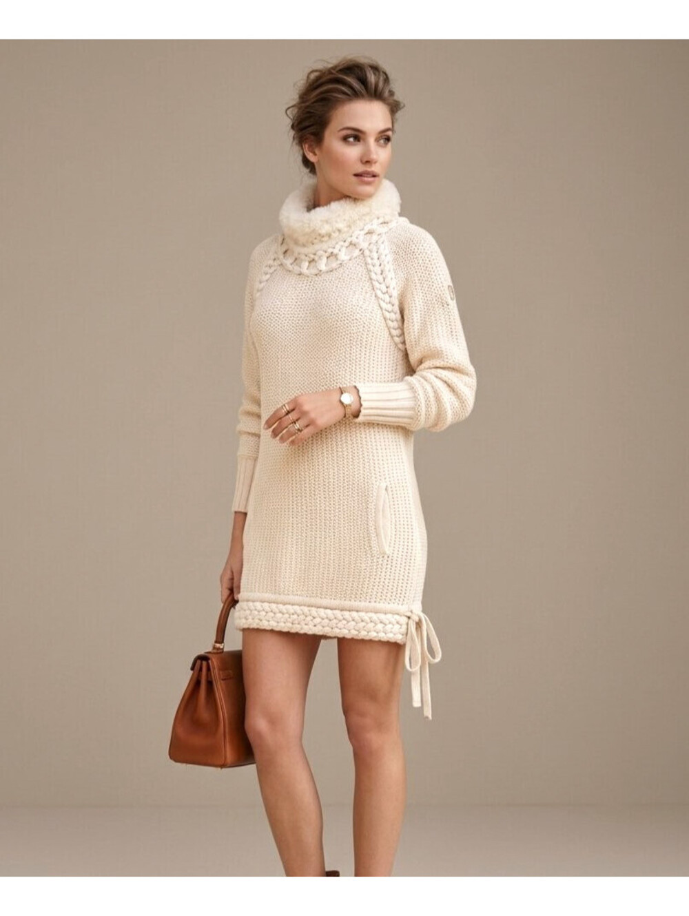 Roberto Cavalli White Knit Mini Sweater Dress Medium IT-40 Wool Mink Pockets